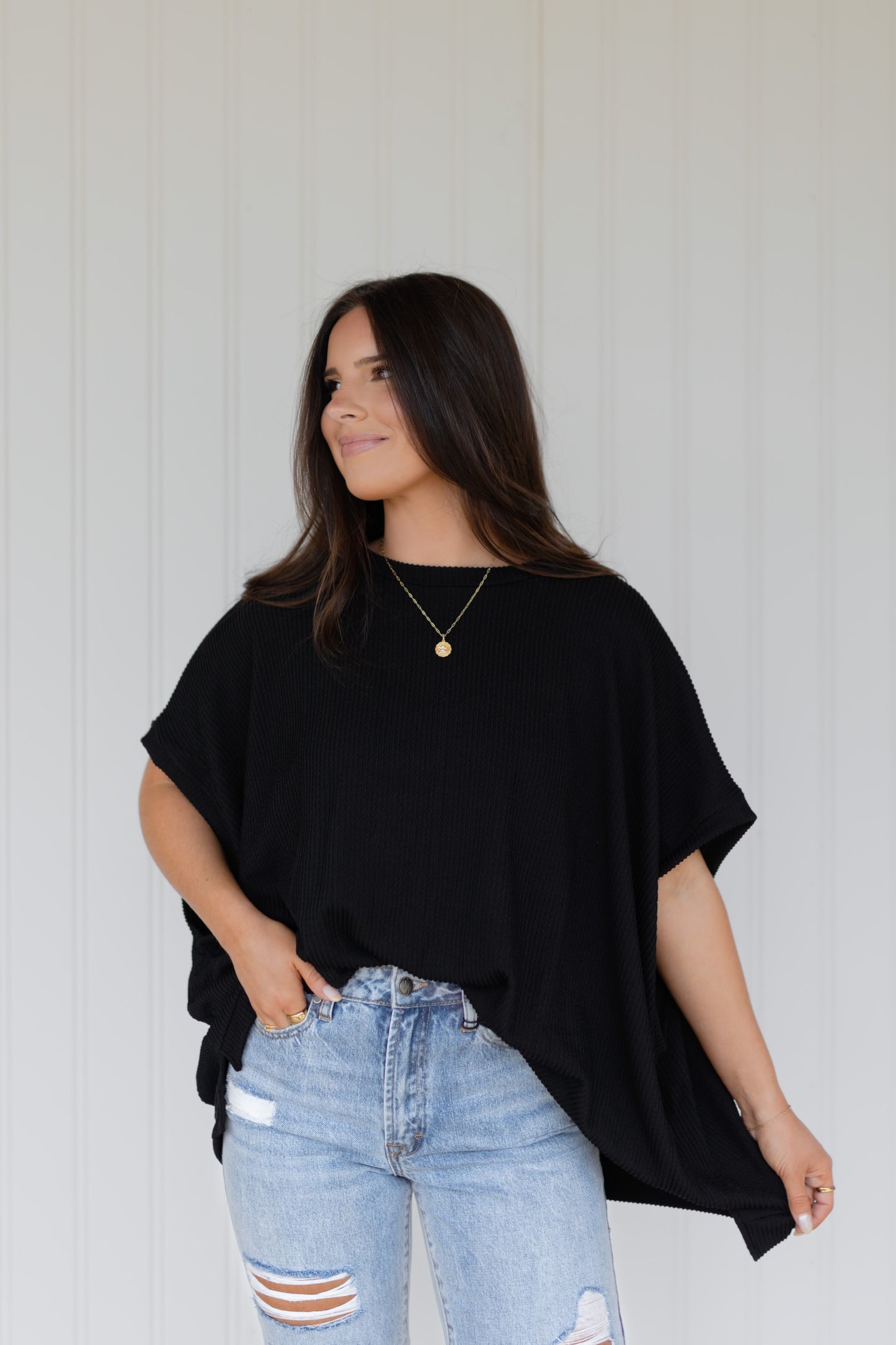 Oversized Textured Knit Top / Black