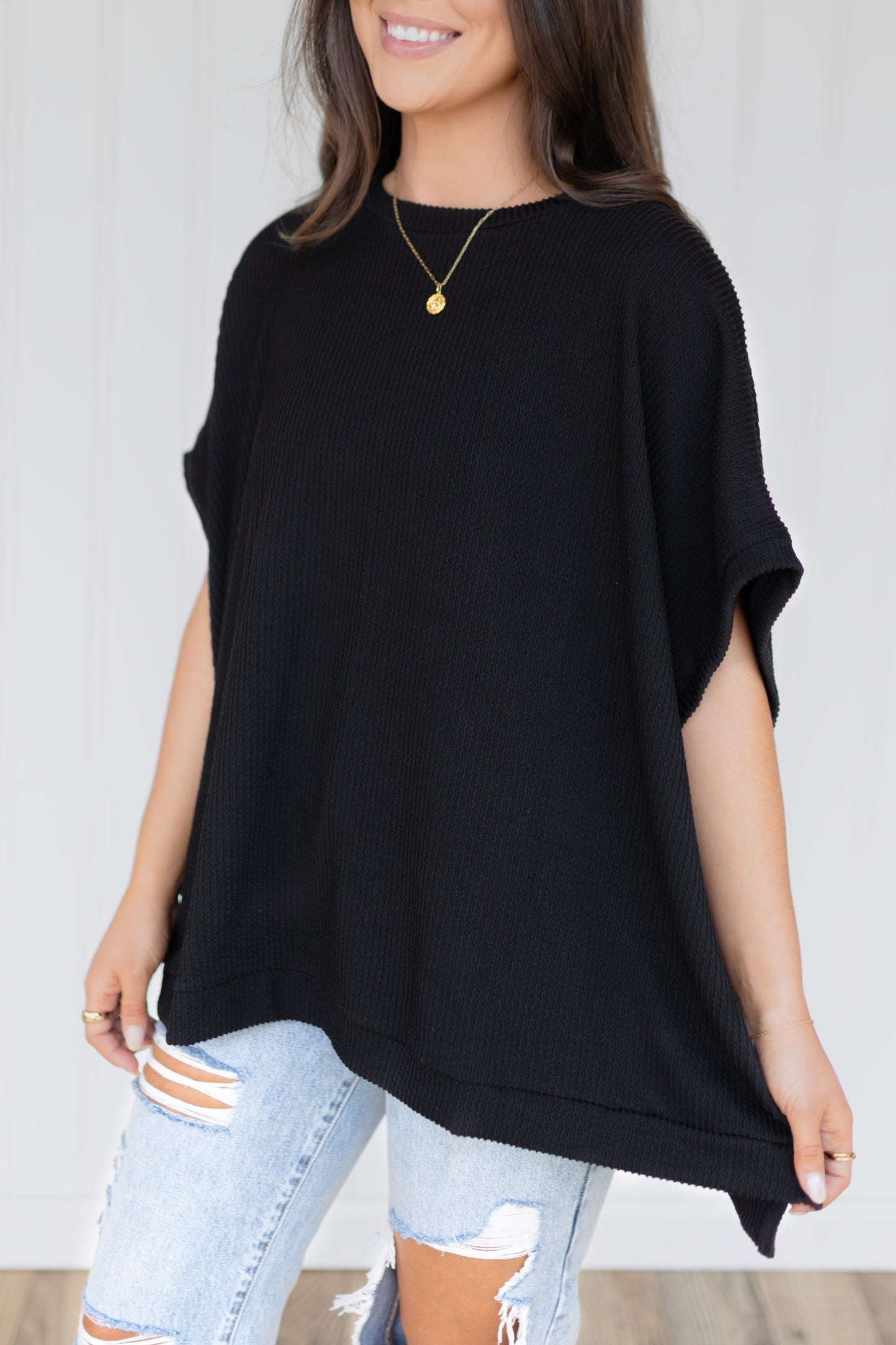 Oversized Textured Knit Top / Black